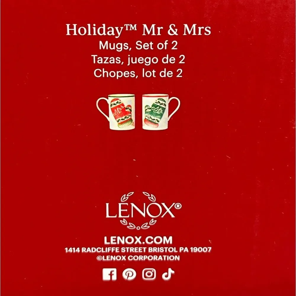 2 Sets Lenox Holiday Mr. & Mrs Graphic Porcelain Mugs
